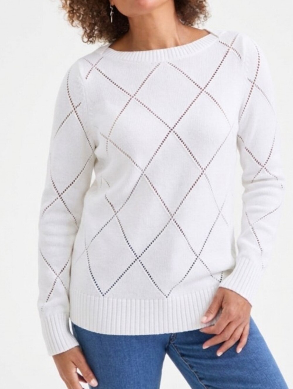 Style & Co. White Diamond-Pattern Crewneck Sweater - SIZE XL | Casual Office